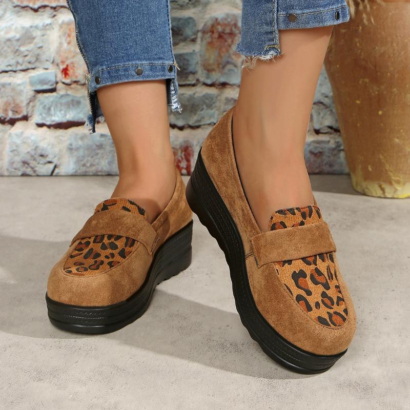 Leopard Wedge Loafers Women's New Suede Plus-size Platform Shoes for Autumn 2025