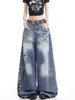 American retro washed old wide-leg scimitar ripped jeans men's and women's loose spring and autumn design mopping pants