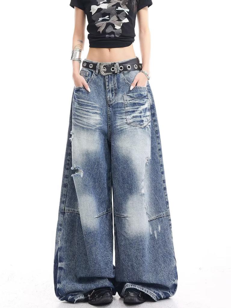 American retro washed old wide-leg scimitar ripped jeans men's and women's loose spring and autumn design mopping pants