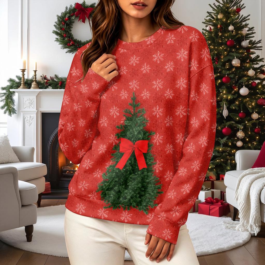 Women's Casual Long Sleeve Christmas Print Neck Sweatshirt