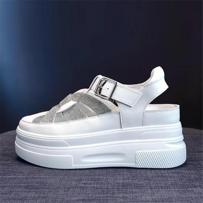 Fashion 8cm Genuine Leather Women Platform Sandals Wedge Slippers Buckle Strap High Heel Women Summer Shoes Sneakers Zapatos Mujer