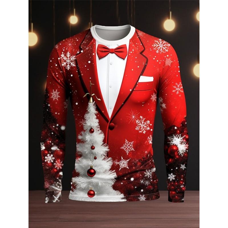 Christmas T-shirts For Men Shirts Tree Snowflake Graphic T-Shirt Cotton O Neck Oversized Long Sleeve Tops Streetwear Men's Shirt