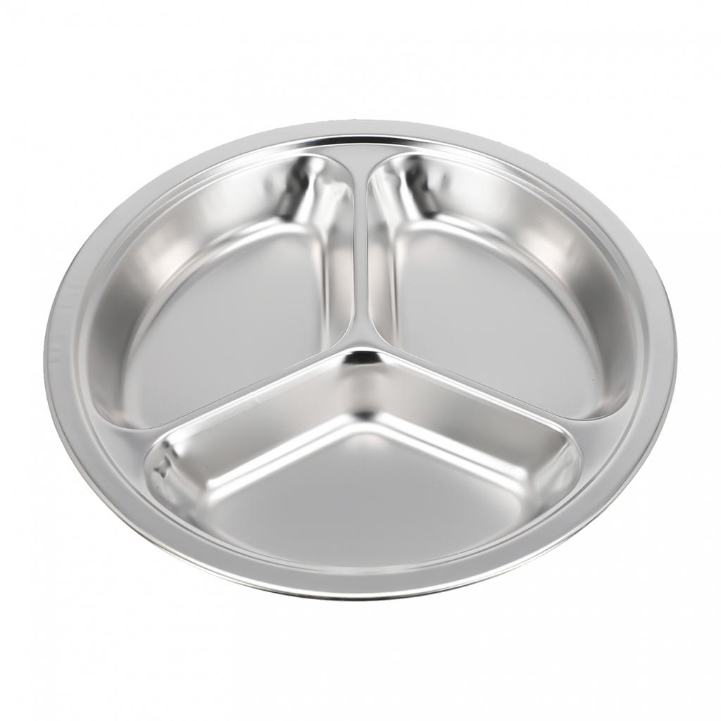 Stainless Steel 3-Sections Round Divided Dish Dia-22/24/26cm Snack Dinner Plate