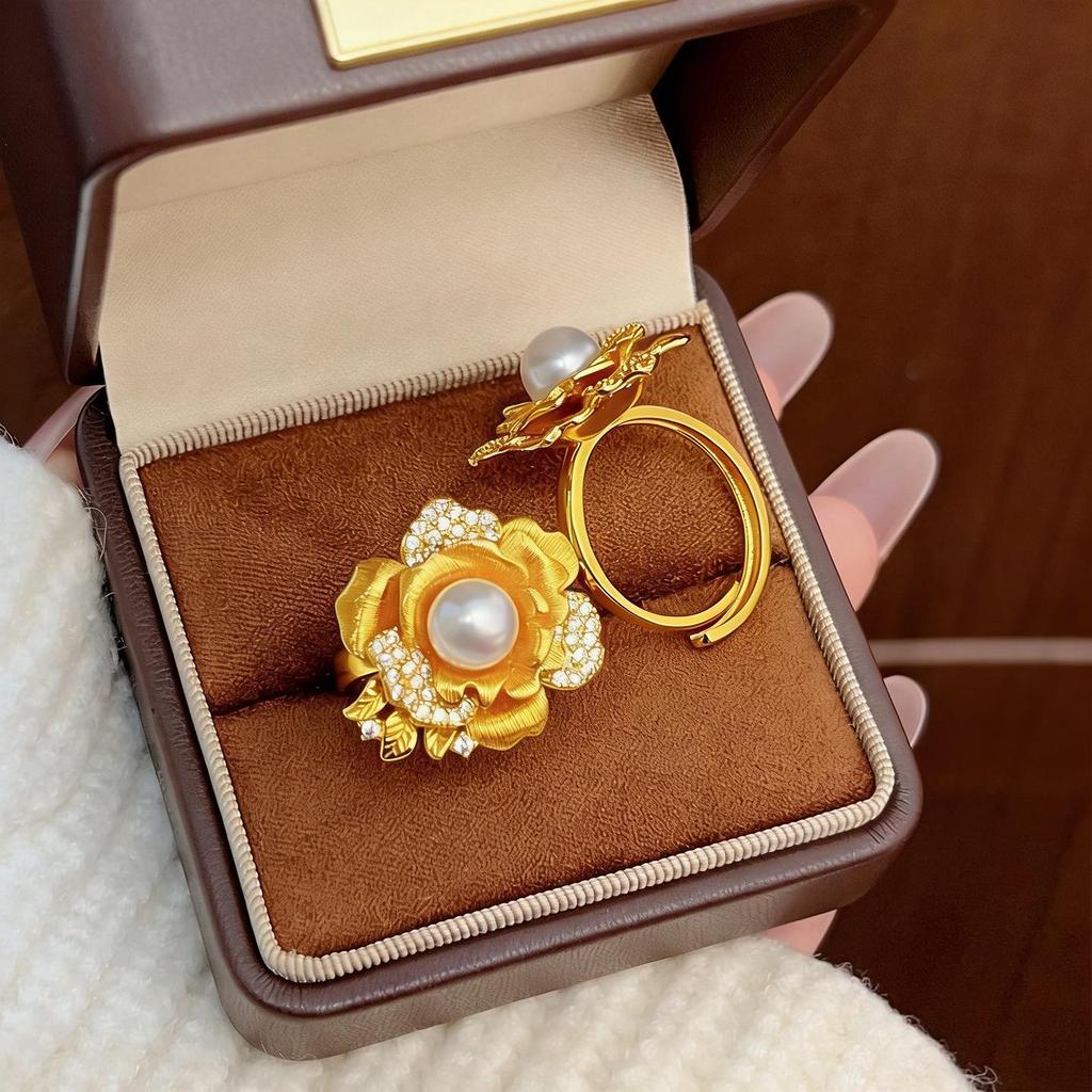 Rose Flower Ring: Gold-tone, Faux Pearl, Diamond Accent, Adjustable Index Finger Jewellery