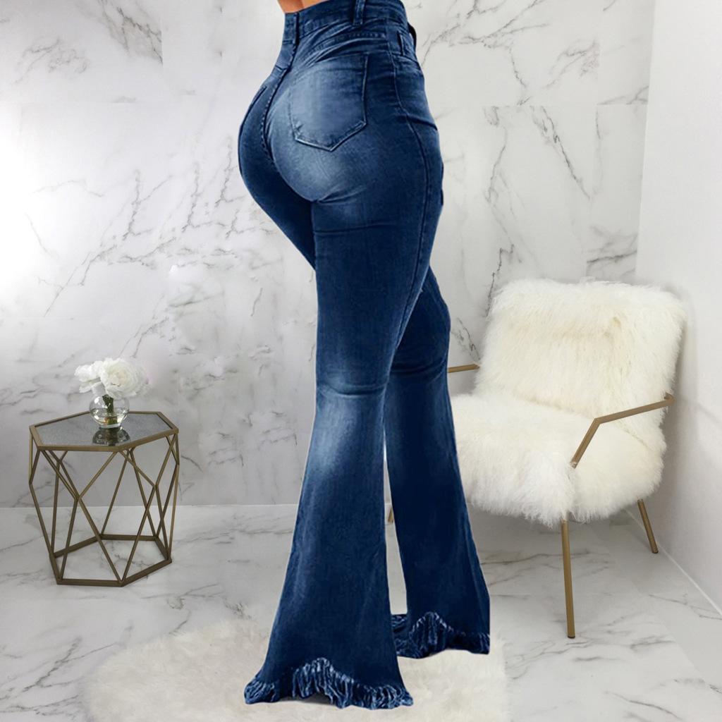 Sexy and Versatile Fashion Slim Fit Ripped Denim Flared Pants for European and American Ladies