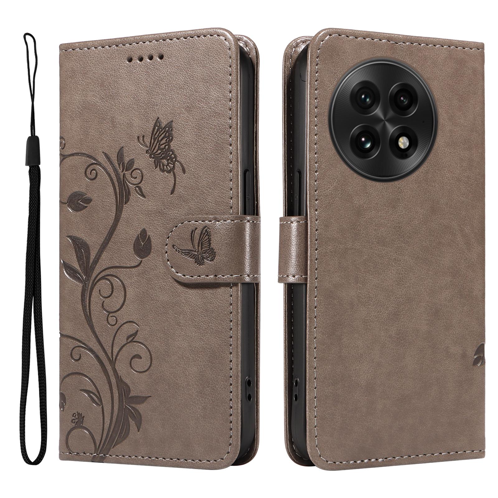 

For OnePlus 13 PU Leather Cases Flower Pattern Wallet Stand Phone Cover with Strap Grey