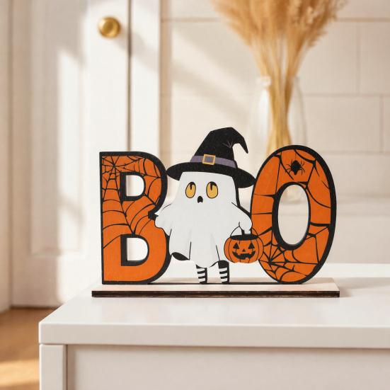 Halloween Home Festive Decor Wooden Table Sign, Cute Pumpkin Boo Ghost Solid Wood Sign Tabletop Centerpiece for Indoor Mantel Fireplace Smooth Holiday