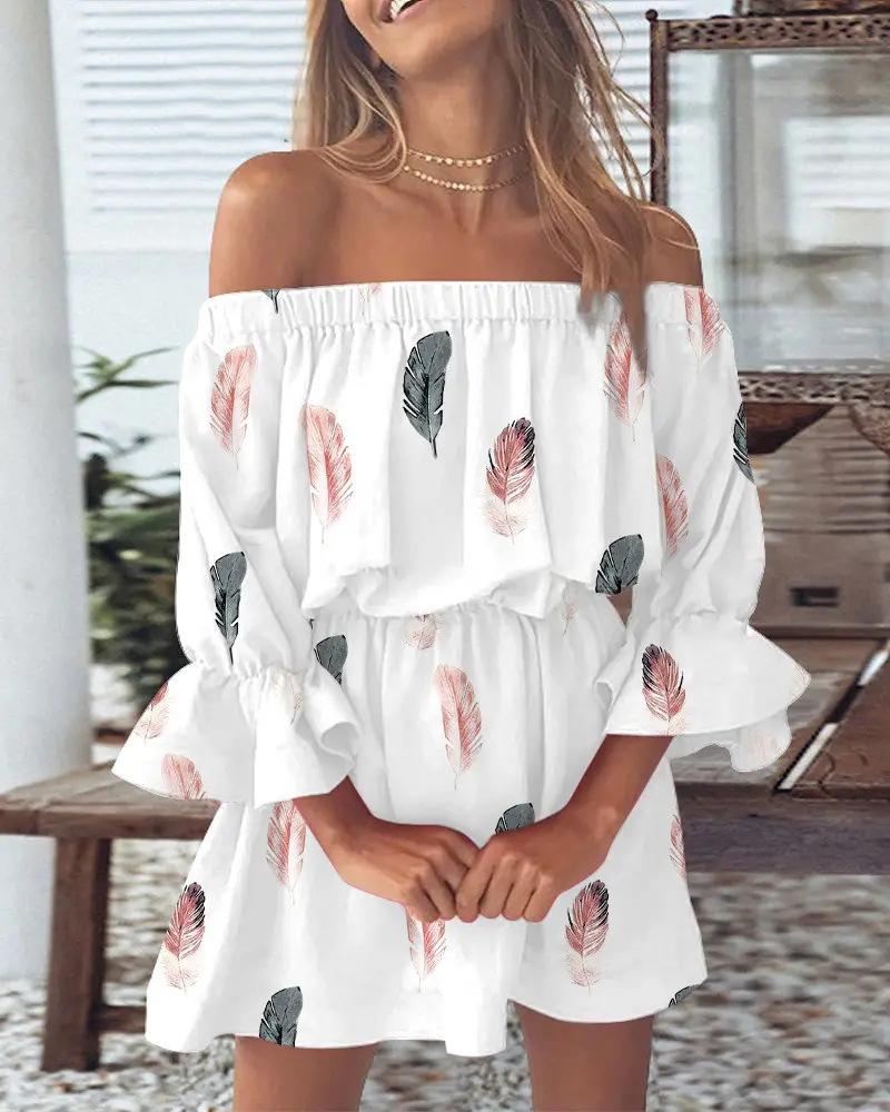 2026 European and American cross-border Amazon independent station sexy fashion one-word shoulder printing dress women's clothing, spot