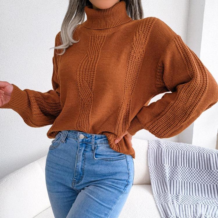 Women Autumn Winter Fashion High Neck Knitwear Top Lantern Sleeve Fried Dough Twist Sweater Bottoming