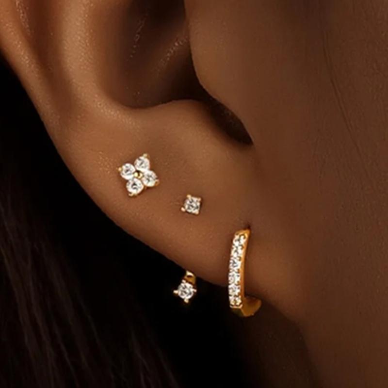 3 STÜCKE Edelstahl Goldfarben Kreis Creolen Set für Damen Einfache Zirkon Blume Ohrstecker Knorpelpiercing Schmuck