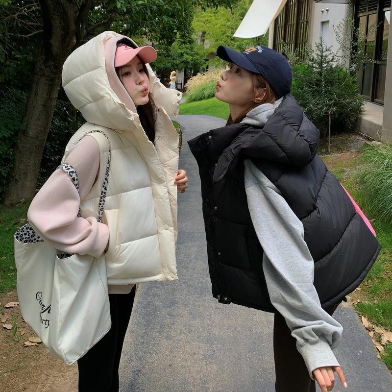 Hooded down cotton vest women's autumn and winter new thickened warm short vest jacket loose casual cotton clothes
