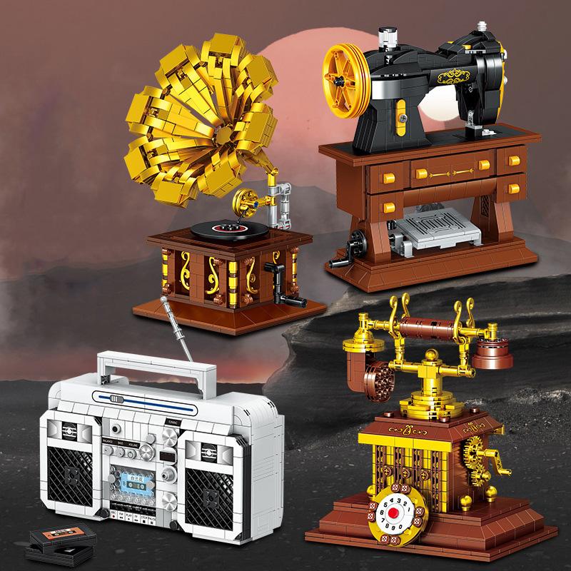 Classic Retro Phonograph Telephone Recorder Sewing Machine Idea Mini Block Model Building Brick Educational Toys For Kids Gifts
