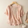 T-shirt a maniche corte in cotone e lino da donna, estiva, larga, ringiovanente, stile occidentale, piccola camicia per la madre, top di temperamento da donna