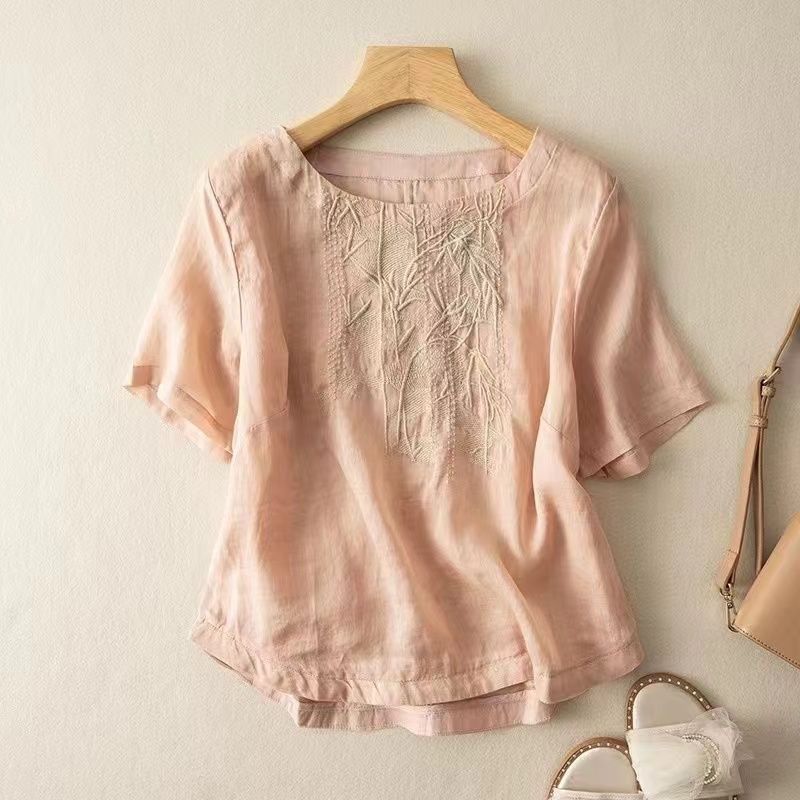 T-shirt a maniche corte in cotone e lino da donna, estiva, larga, ringiovanente, stile occidentale, piccola camicia per la madre, top di temperamento da donna