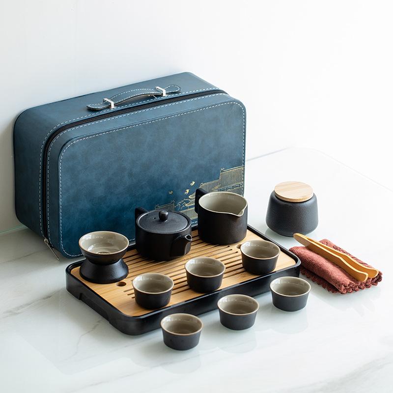 Japanese travel kung fu tea set small set household simple teapot ceramic teacup outdoor tea tray portable bag