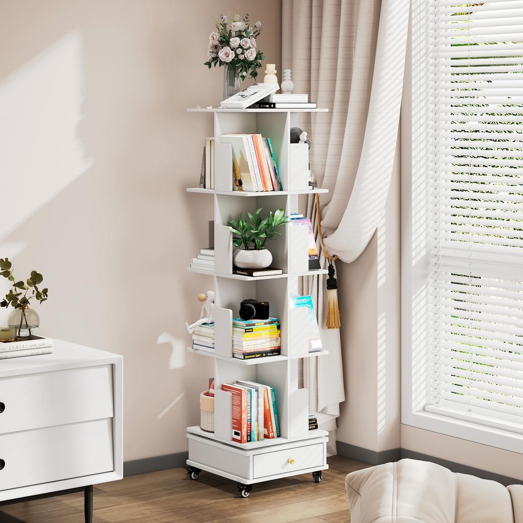 Wooden Four-layer Rotatable Mobile Bookshelf With One Drawer Book Storage Rack With Locking Wheels For Living Room/Bedroom/Study