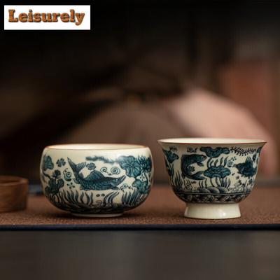 Retro Fisch Algen Muster Imitation Song Teeschale Ru Kiln Porzellan Teetasse Einzel Master Tasse Teeschale Kaffeetasse Kung Fu Teaset