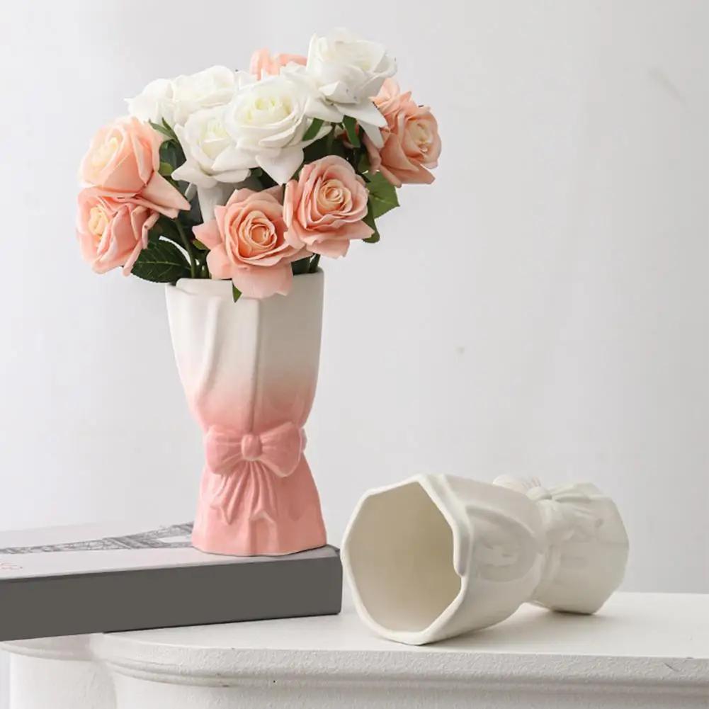Ceramic Flower Vase with Bow Donut Shape Vase Flower Arrangment for Wedding Valentine's Day Home Decor
