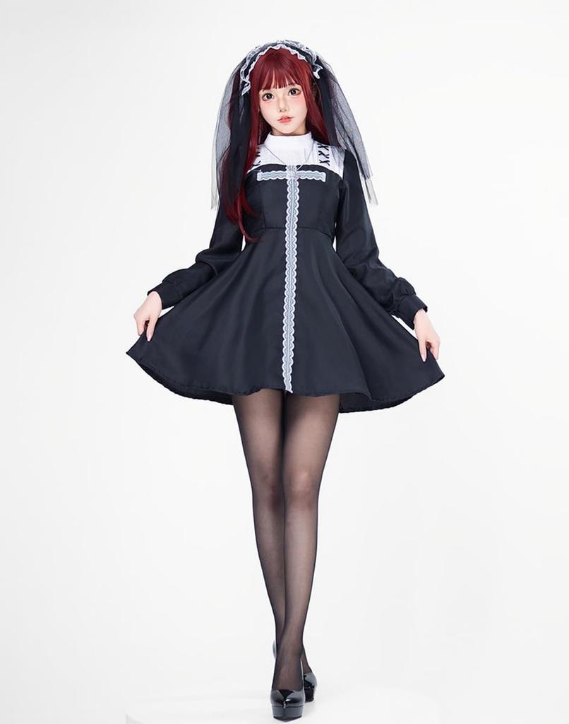 Cedar Eight Sexy Nun Gothic Lolita Halloween Sister Includes and Necklace Costume, Costume, Cosplay, 3-Piece Set, Dress, Veil, (XL)