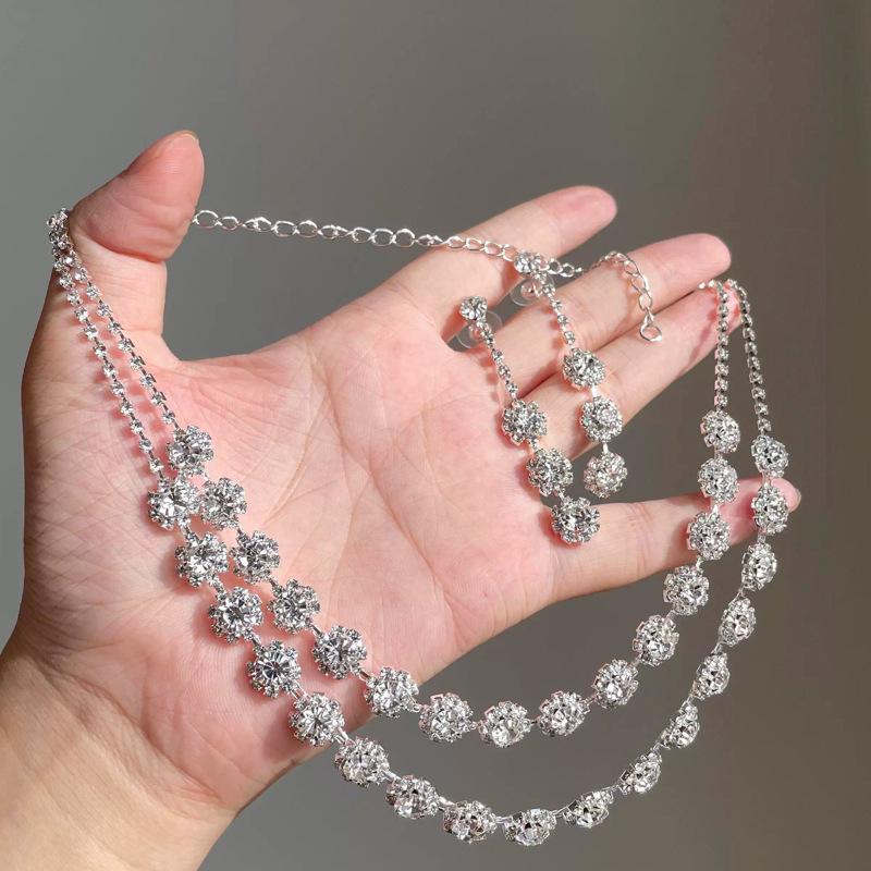 Серьги-гвоздики и колье с цветами из страз, двойной слой - Высококачественные, уникальный дизайн