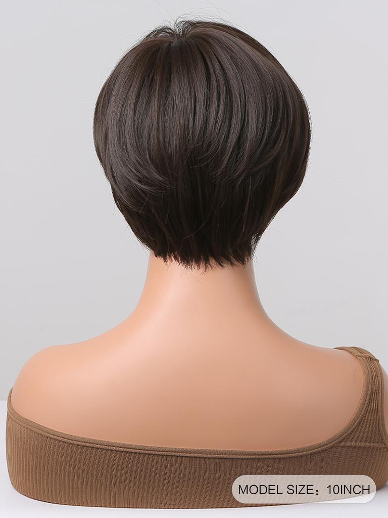 Short Synthetic Wigs Dark Brown Natural Wig with Side Bangs for Women Cosplay Daily Party Pixie Cut Wigs High Temperature Fibre