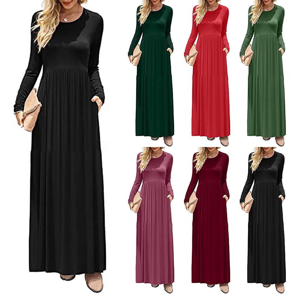 Women's Fashion  Solid Color O-neck Long Sleeve Waist Draw Pleated Long Dress Loose With Pocket Long Dress