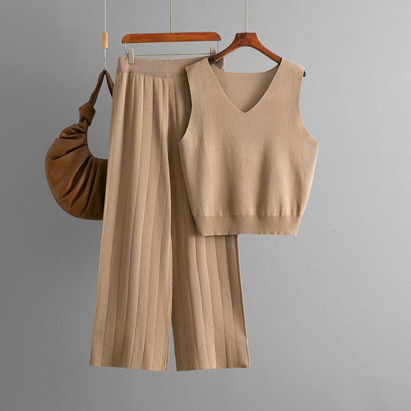Summer Fashion Set V-neck Solid Color Knitted Tank Top High Waist Casual Wide Leg Two Piece Set