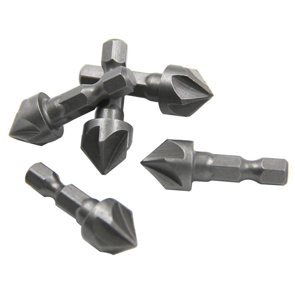 2pc 1/2 Hexagonal Shank Five Blade Countersunk Drill 12.5mm 5pc Woodworking Hole Opener Spot Facer Deburring Drill Bit Set