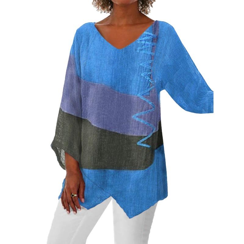 VEZFAA Women's Fashion Casual Summer Spring Colour Block Print 3/4 Sleeves V-Neck Blouses & Shirts