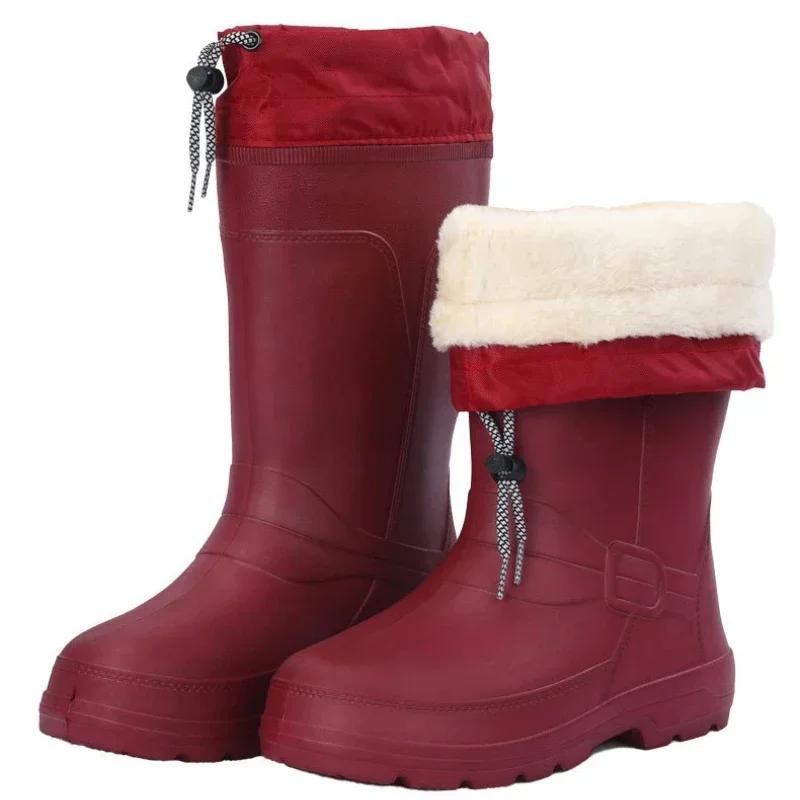 Fashion Women Rain Boots Mid-Calf Water Shoes Non-slip Waterproof Safety Work Shoes Drawstring Rubber Boots Women Warm Plush Rain Shoes