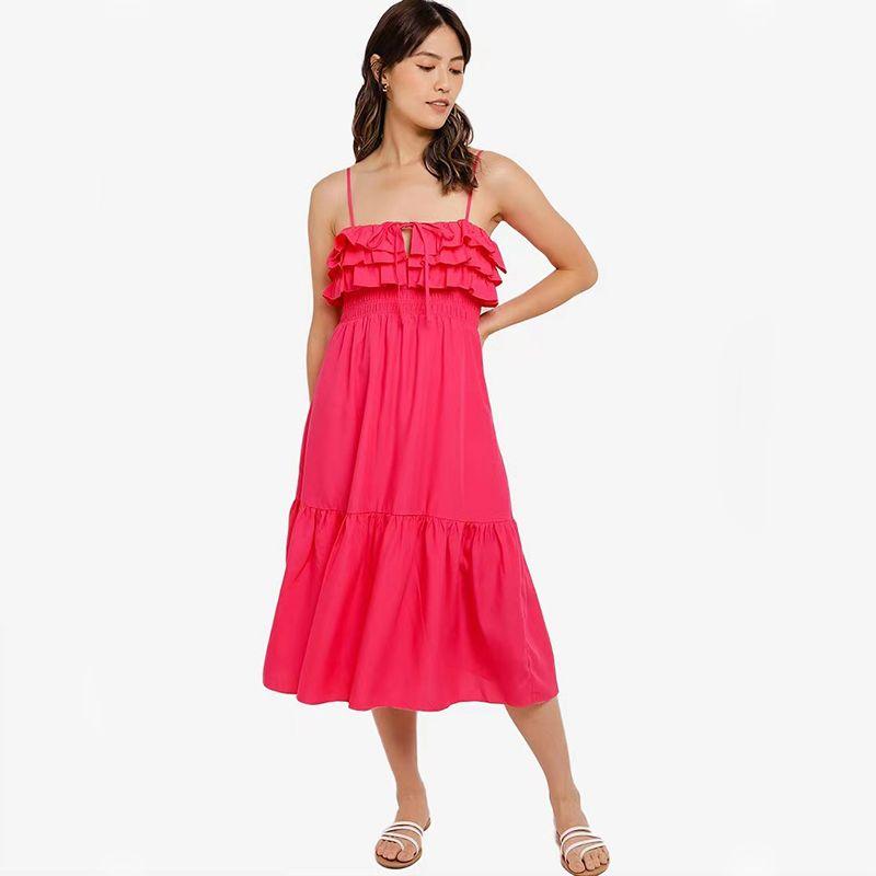 

Tencel Linen Blend Frill Modified Color Pure Foreign Trade Original Order Women clothes Summer Sling Dress Rose Red M