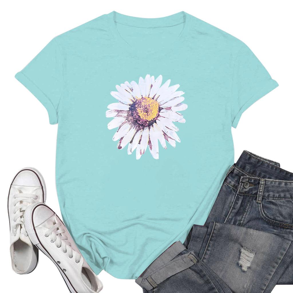 Ladies Casual Chrysanthemum Printed T-Shirt Round Neck Pullover Short Sleeve Top