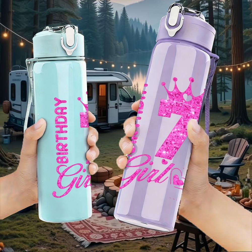 1PC 7 Birthday Girl Pink Crown Print 750ml Color Plastic Sports Water Bottle Leakproof Flip Straw Lid Suitable for Sports Office Home Use