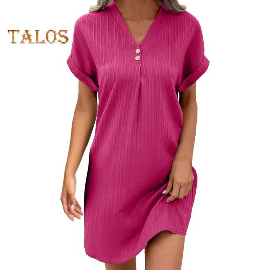 Summer Mini Dress Short Sleeves V Neck Loose Pure Color Dress Bohemian Buttons Casual Dress for Beach Vacation Daily Wear