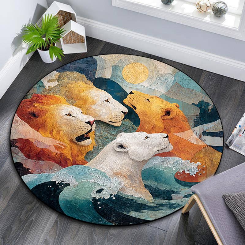 Lion Round Area Rug,Carpet Rug for Living Room Bedroom Sofa Playroom Decor,Non-slip Floor Mat