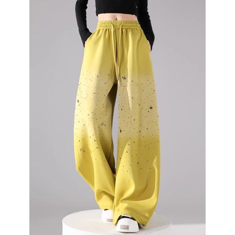 Pantalones de chándal para mujer con plátano y strass degradado - Cintura elástica Otoño/Invierno Pantalones casuales de pierna ancha