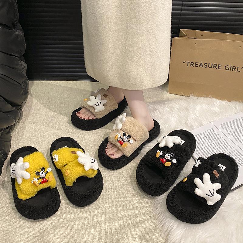 Fashion Soft and Cute One-word Fluffy Shoes for Women To Wear Outside 2025 Autumn and Winter New Thick-soled Cotton Slippers Cotton Slippers