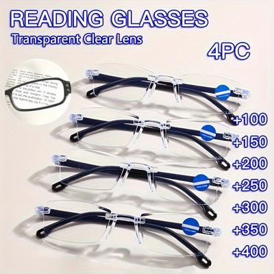 4-Pack Futuristic Rimless Rectangular Reading Glasses for Men and Women with Blue Light Blocking+1.0~+4.0