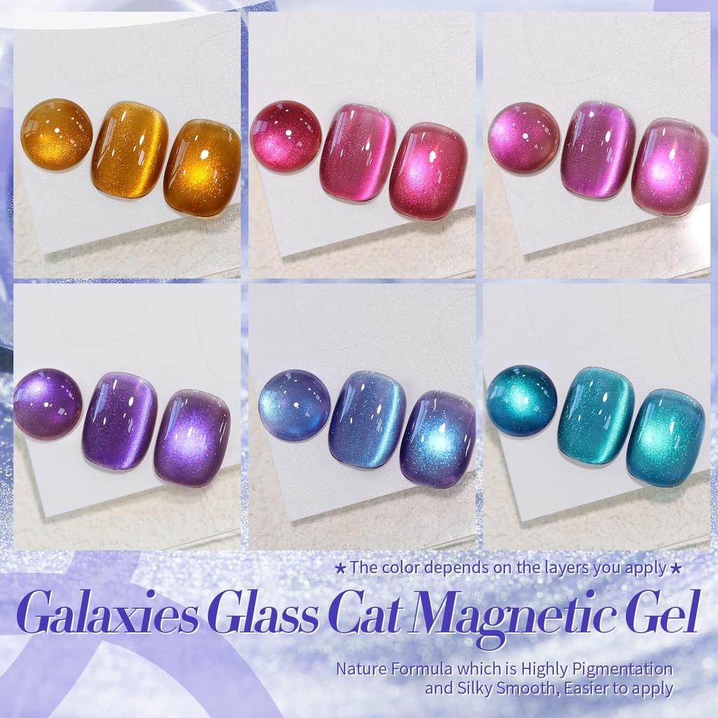 BORN PRETTY Magnetic Nail Polish 6-Color Set: Magnetic Gel with Magnets, Cat Eye Gel, Glittery, Colorful Galaxy, Glass Beads, Cat's Eye Design, Microp
