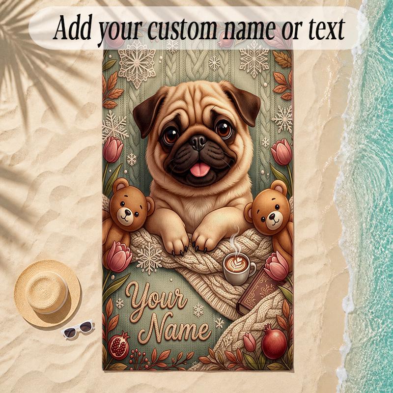 Pug Theme Soft Beach Towel Personalized Custom Name Text Towel Portable for Beach Pool Travel