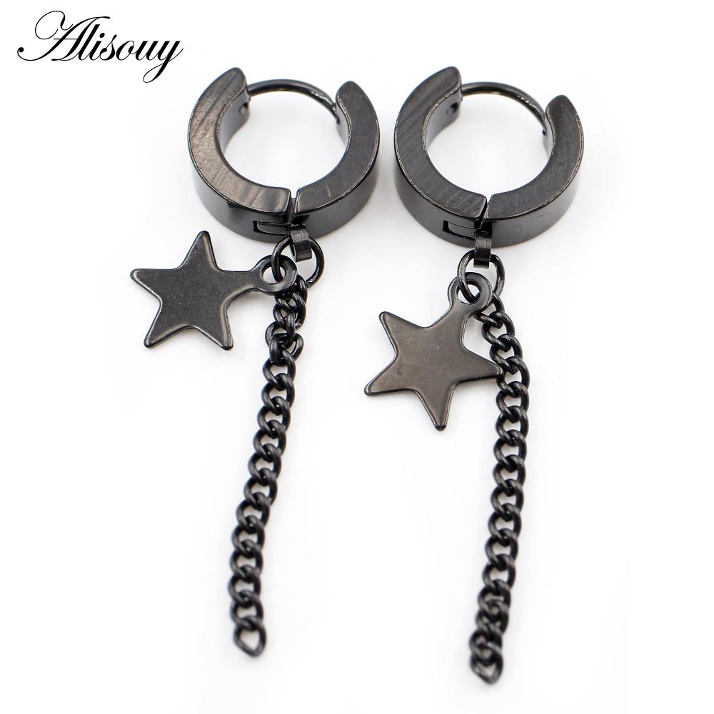 Alisouy 2PCS Stainless Steel Star Cross Snake Spike Skull Sword Blade Chain Feather Spider Dangle Women Men Huggie Hoop Earrings
