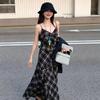 Summer New Plaid Suspender Slim V-neck Dress Children's Vacation Style Waist Irregular Long Skirt