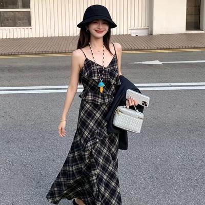 Summer New Plaid Suspender Slim V-neck Dress Children's Vacation Style Waist Irregular Long Skirt