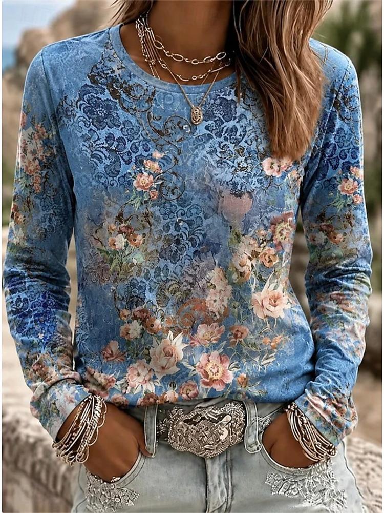 2026 Herbst Neues Damen Langarm Rundhals Lässiges T-Shirt mit Buntem Blumendruck Pflanzenelementen Outdoor Chic Top
