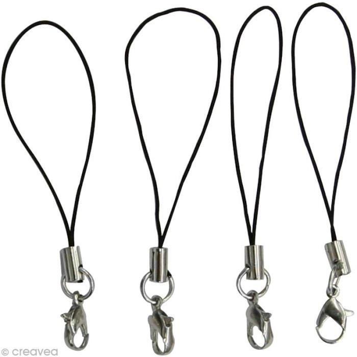 Accessoire - Cordon pour strap de portable - Noir - Longueur 5 cm - Quantité 10 - Mousqueton d'attache