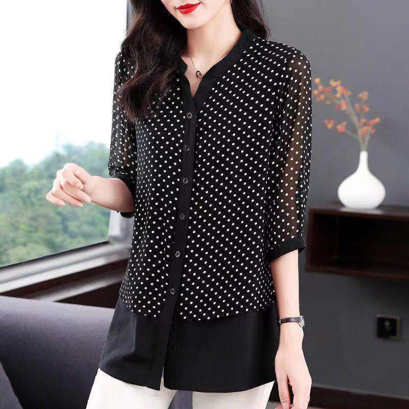 Spring Summer Polka Dot Printed Blouse Women's Clothing Casual Single-breasted Commute O-Neck 3/4 Sleeve All-match Loose Shirt