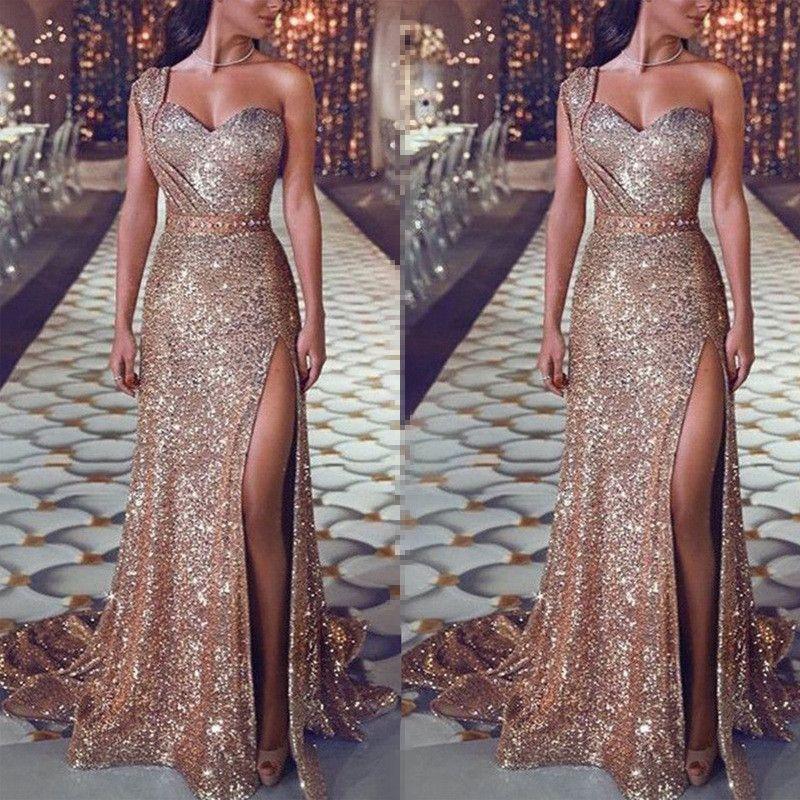 

Sexy Party Evening Dress Women s Sexy One-Shoulder Sleeveless Bronzing Dress Split Dress Gold M