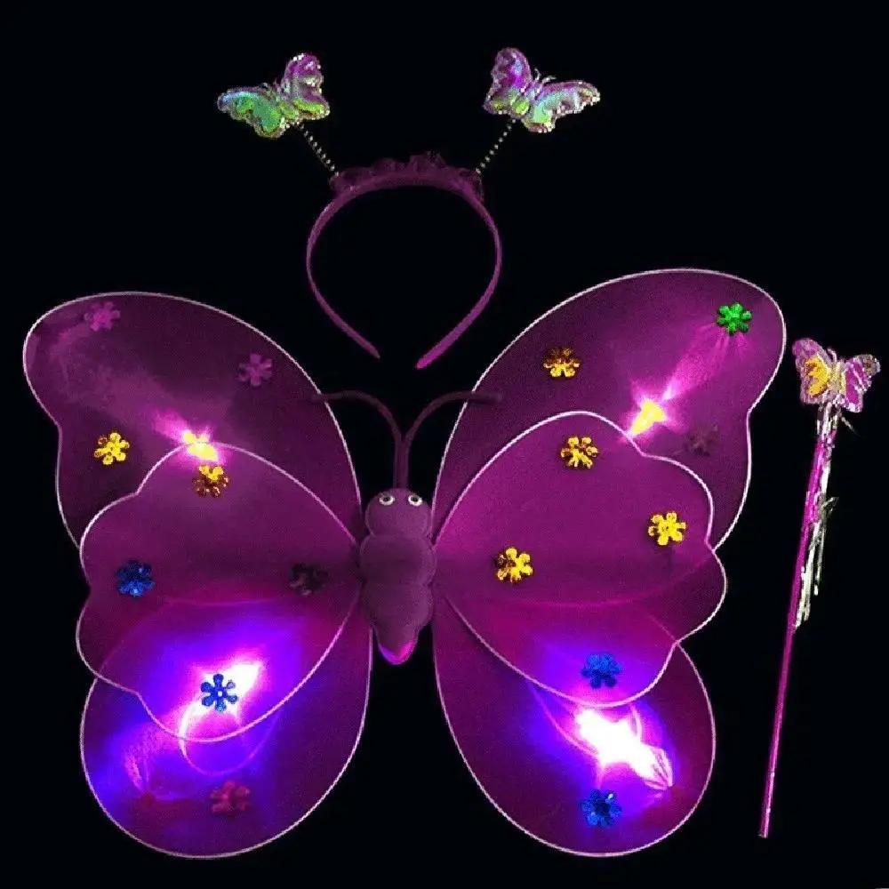 3 Stück/Set Doppelschichtige Mädchen LED Blinklicht Fee Schmetterlingsflügel Zauberstab Stirnband Kostüm Spielzeug Geschenk