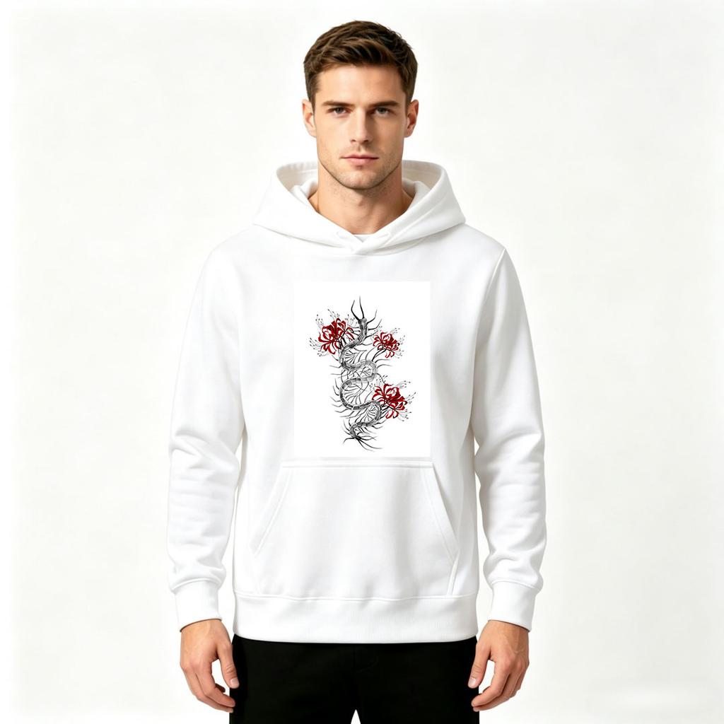 Men's Printed Pullover Hoodie, Stylish Dragon Red Spider Lily Pattern Casual Hooded Sweatshirt