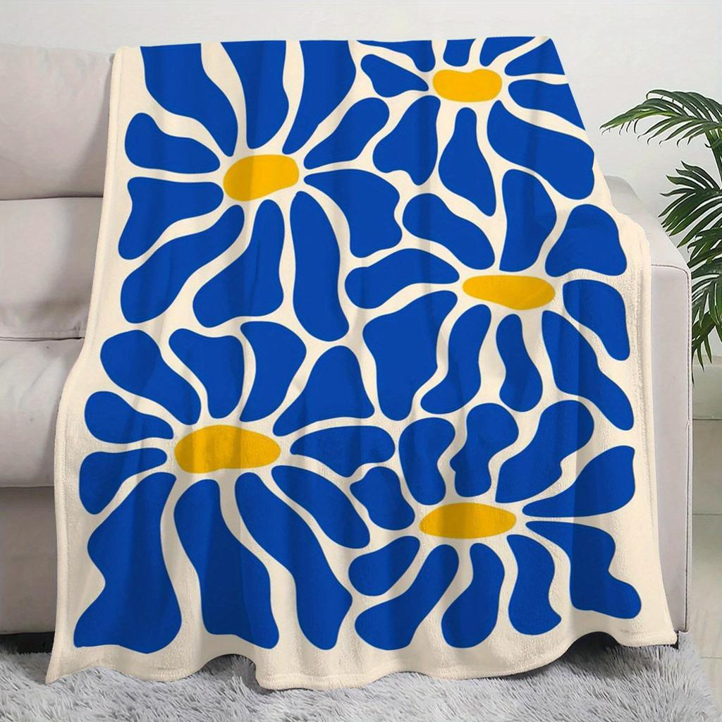 Large Retro Floral Flannel Blanket Blue Yellow Abstract Soft Cozy Washable SofaBeachCampingTravel Contemporary
